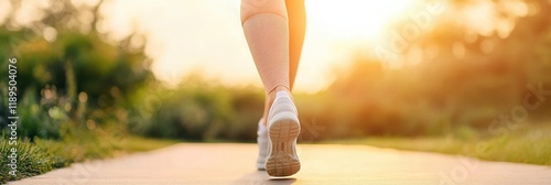 Individual walking along a scenic path while wearing a compression sleeve for lymphedema treatment in nature