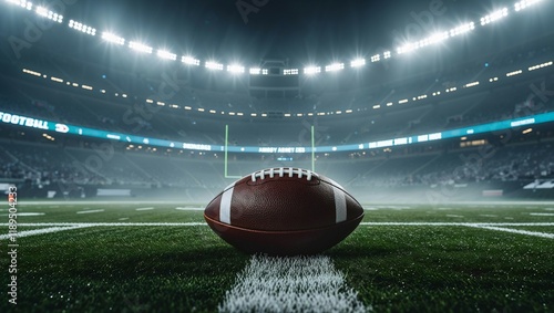 American Football Field: The anticipation of a thrilling game is palpable in this dramatic photo of an American football lying alone on the turf of a brightly lit stadium.
