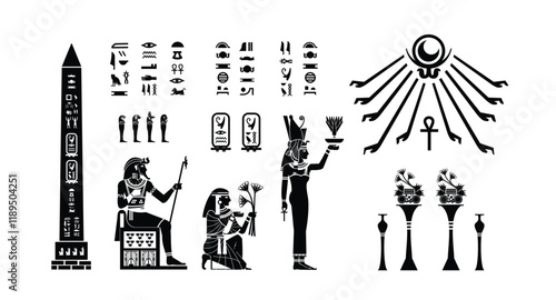 Egyptian papyrus with king and queen offering sacrifice to the gods in silhouette. Ancient Egyptian gods and goddesses in historical hieroglyphic paper art.
