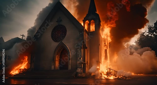 Church building burning fire burning and smoke moving Church with cross burns in flames at dark night It is a tradition destroyed flames moving 4K
