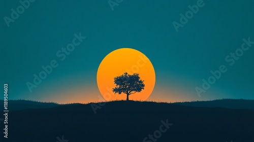 A lone tree stands on a hill, perfectly silhouetted against the massive, glowing orb of the setting sun, creating a serene and tranquil visual masterpiece. photo