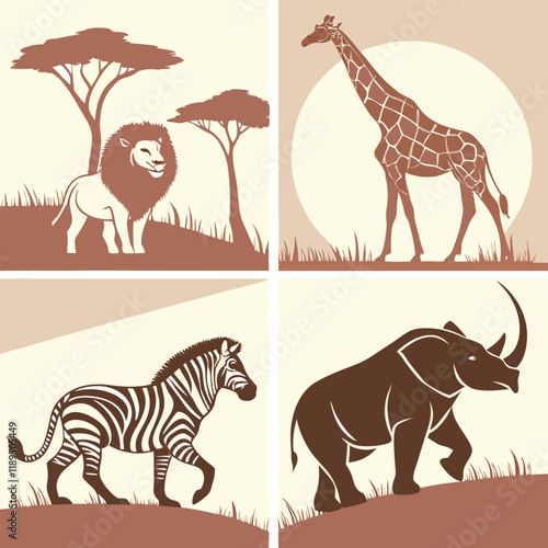 a vector illustration set featuring safari animal like lion giraffe elephant rhino