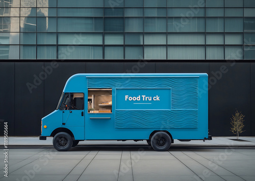 Blue food truck on street photo