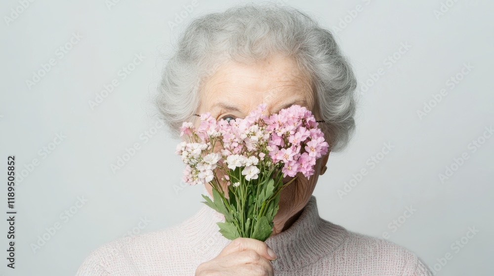 Elderly Woman Holding a Bouquet of Colorful Flowers Against a Minimalist Background 11 Elderly Woman Holding a Bouquet of Colorful Flowers Against a Minimalist Background 11