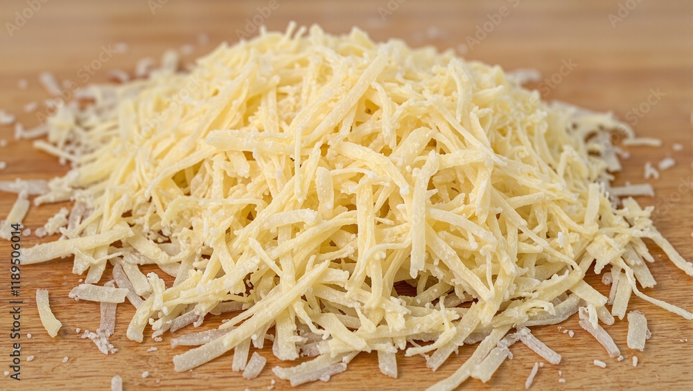 Freshly grated parmesan cheese on wooden board creating delicate layers with gradient highlights Freshly grated parmesan cheese on wooden board creating delicate layers with gradient highlights