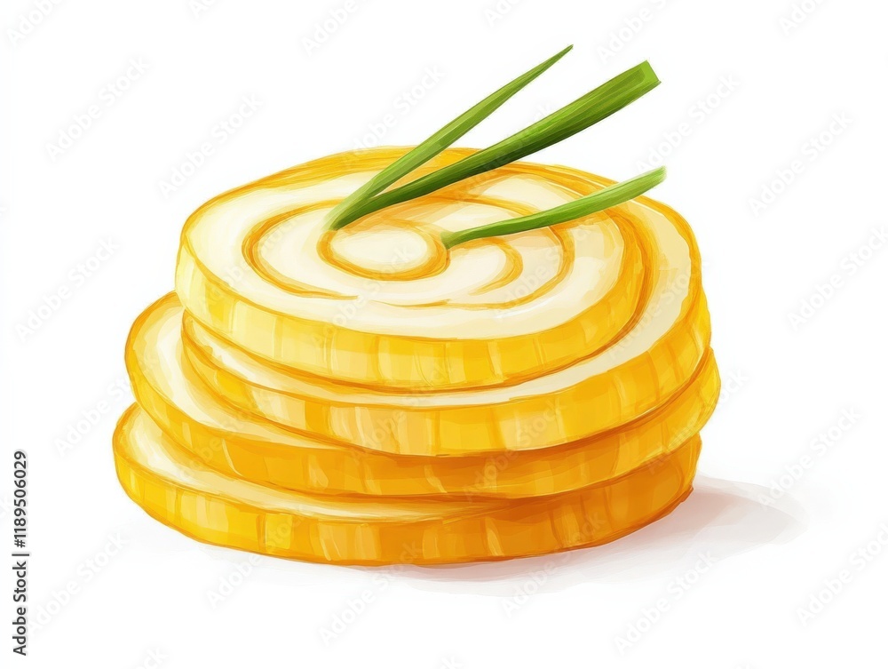 stack of sliced tamagoyaki with green onions stack of sliced tamagoyaki with green onions