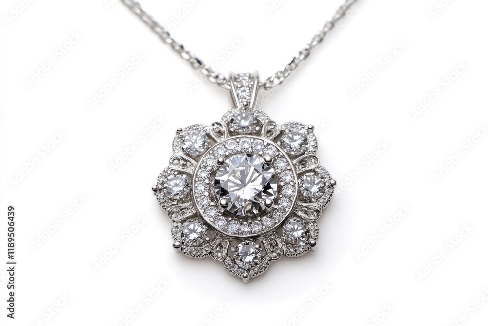 sparkling diamond necklace with intricate silver detailing displayed against clean white background