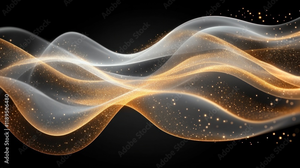 Fototapeta premium Abstract gold and white wave with sparkles on black background.