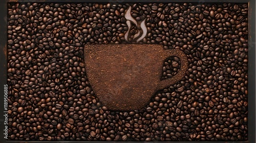 Coffee beans arranged as a steaming cup. photo