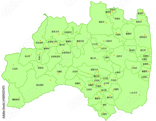 福島県　地図　黄緑　斑点　イラスト