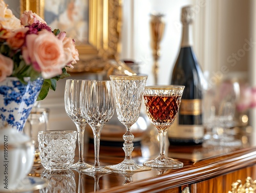 Elegant Crystal Glassware and Floral Arrangement on a Wooden Table in a Luxurious Setting for a Celebration