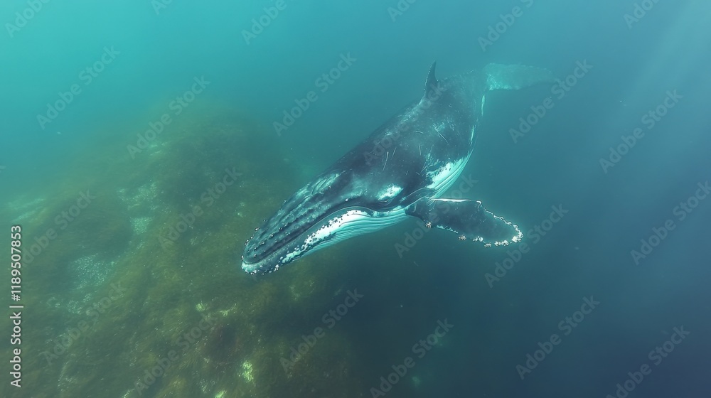 a humpback whale swims through ocean water a humpback whale swims through ocean water