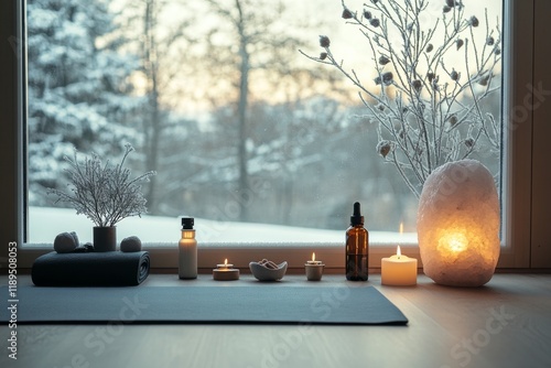 A tranquil winter scene with a yoga mat, candles, essential oils, and natural elements arranged in front of a snow-covered window photo