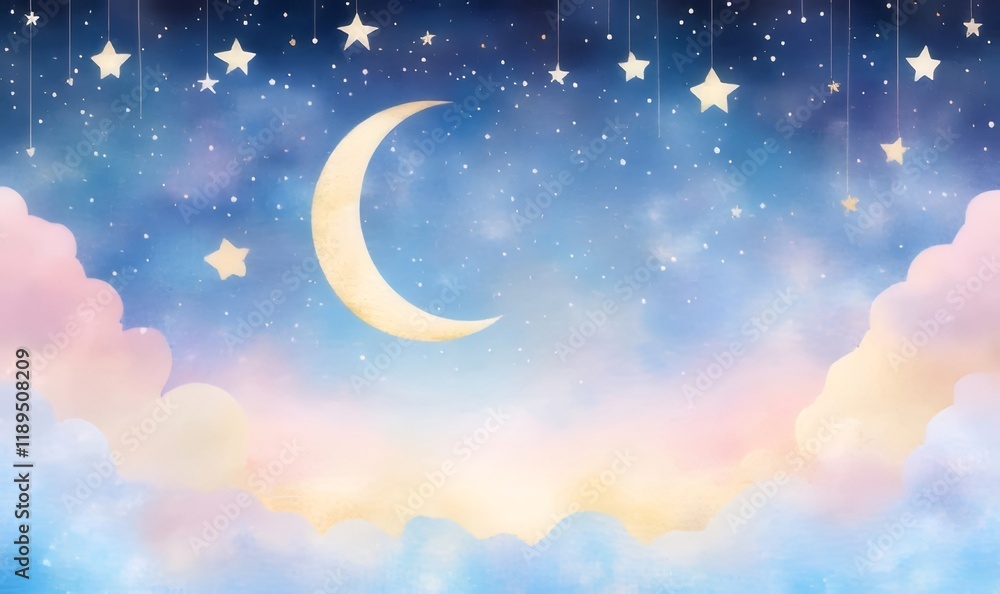 Pastel moon, stars, and clouds night sky. Pastel moon, stars, and clouds night sky.