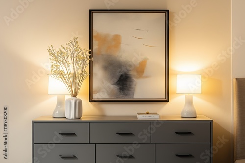 Contemporary grey dresser with sleek handleless drawers in a chic modern bedroom with soft beige walls, warm ambient lighting, and a large framed abstract painting above. photo