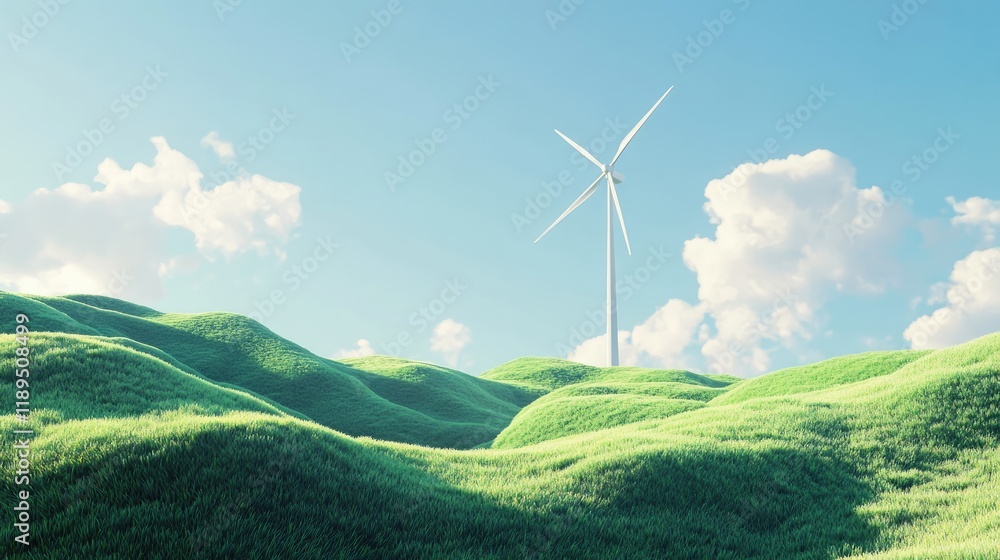 Obraz premium A serene landscape featuring rolling green hills and a wind turbine under a bright sky.