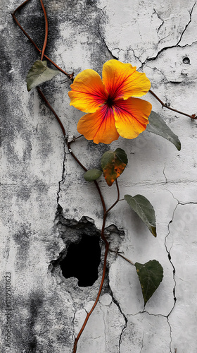 Vibrant flower blooming from a crack in a weathered wall, contrasting delicate beauty with rough surroundings, symbolizing resilience and survival in an urban setting photo