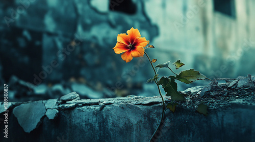 Vibrant flower blooming from a crack in a weathered wall, contrasting delicate beauty with rough surroundings, symbolizing resilience and survival in an urban setting photo