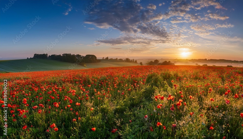 stunning poppy field at dawn panoramic format with replica area