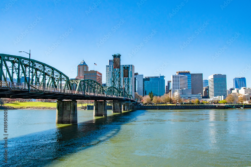 Hawthorne Bridge and Portland, OR City Skyline Along Willamette River Hawthorne Bridge and Portland, OR City Skyline Along Willamette River