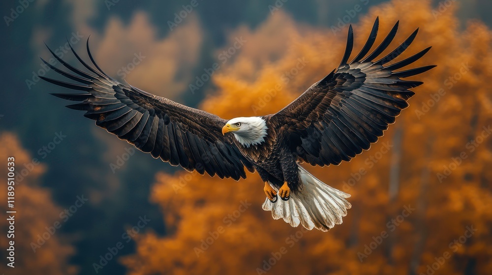 Fototapeta premium Bald eagle flying in front of blurred autumn forest. Nature stock photo