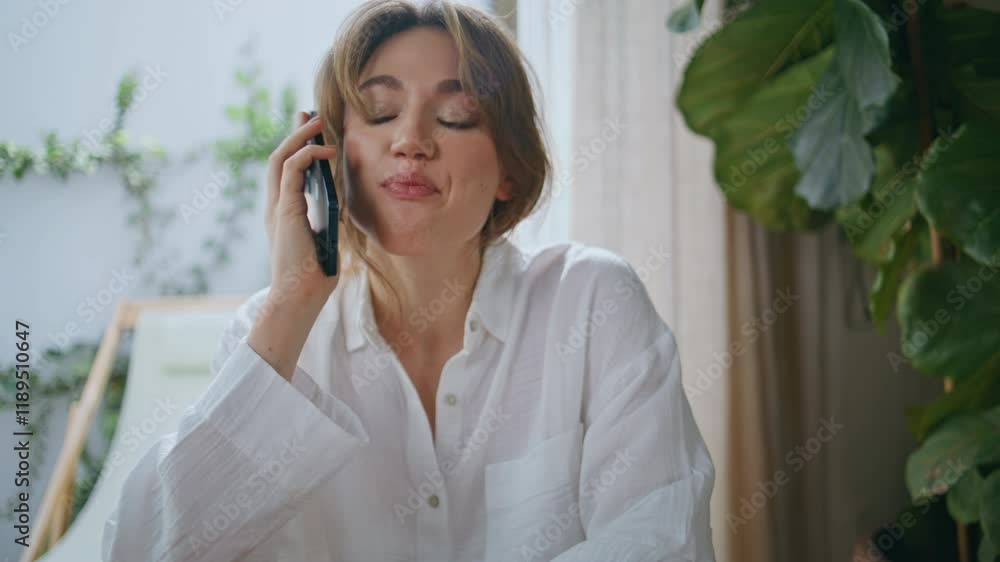 Lady finish phone call eating at modern home apartment closeup. Relaxed woman Lady finish phone call eating at modern home apartment closeup. Relaxed woman