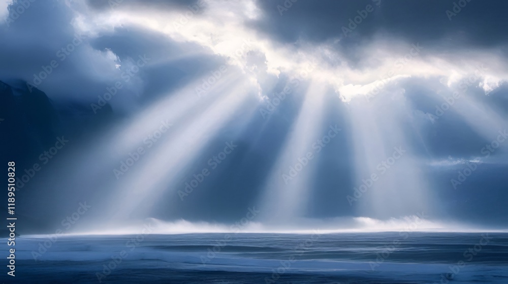 Dramatic sun rays breaking through dark clouds over ocean. Dramatic sun rays breaking through dark clouds over ocean.