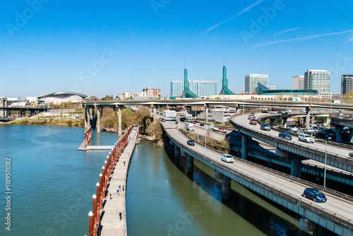 Eastbank Esplanade Bike Path Along Willamette River With City Skyline