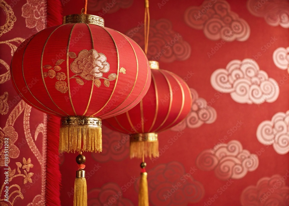 Festive Chinese-inspired scene with red lanterns and gold cloud patterns on a rich red wall Festive Chinese-inspired scene with red lanterns and gold cloud patterns on a rich red wall