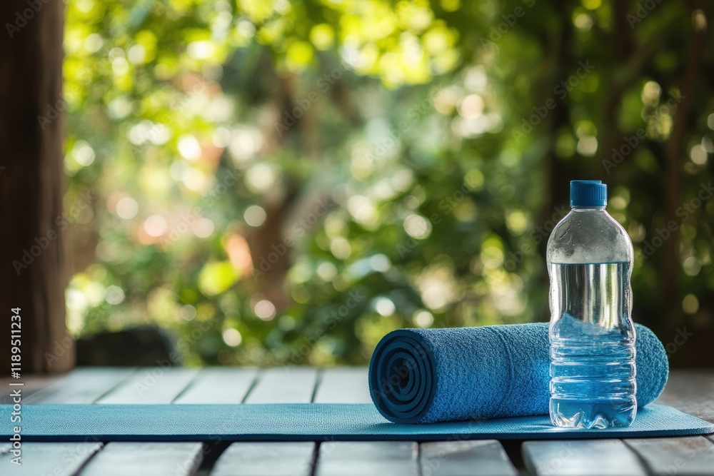 A yoga mat with a water bottle and towel beside it A yoga mat with a water bottle and towel beside it
