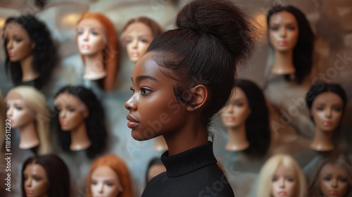 Young black woman with high ponytail stands in profile. In front of wall of mannequin heads with different hair styles. Fashionable, stylish black lady in trendy hair salon. Diverse hair collection.