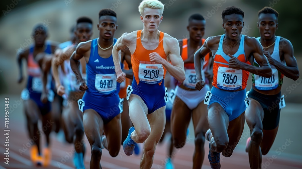 Fototapeta premium Determined male athletes competing on outdoor track, displaying effort and perseverance