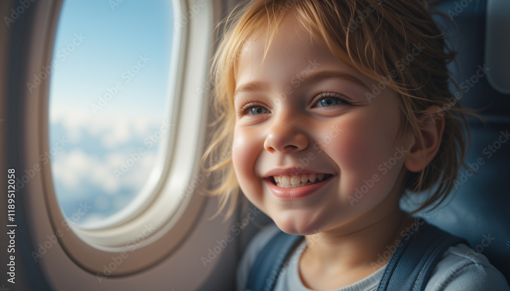 Super happy child traveling in the seat next to the airplane window enjoying the view. Super happy child traveling in the seat next to the airplane window enjoying the view.