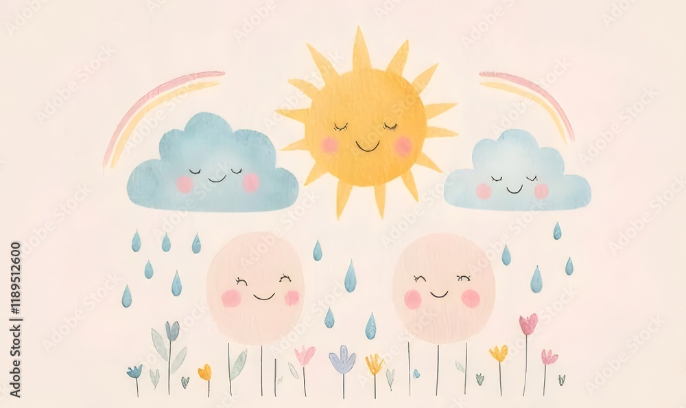 Happy sun, clouds, rain, and flowers illustration. Happy sun, clouds, rain, and flowers illustration.