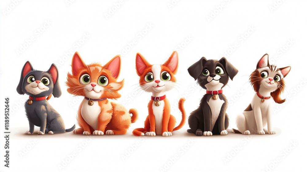 Fototapeta premium Cute Little Cats and Dogs Mascot Characters in Wide Angle View