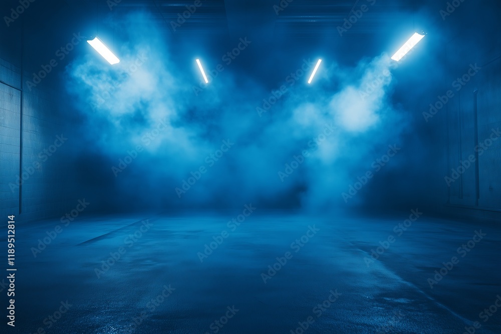 Obraz premium A dark, empty street with abstract blue asphalt serves as a backdrop for a studio room with neon lights, spotlights, and smoke, creating an interior texture for product displays