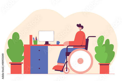 Employee sitting in wheelchair and working in office Disabled person employment concept design