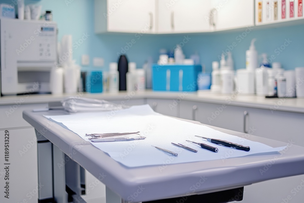 clean veterinary examination table with medical tools neatly arranged. clean veterinary examination table with medical tools neatly arranged.