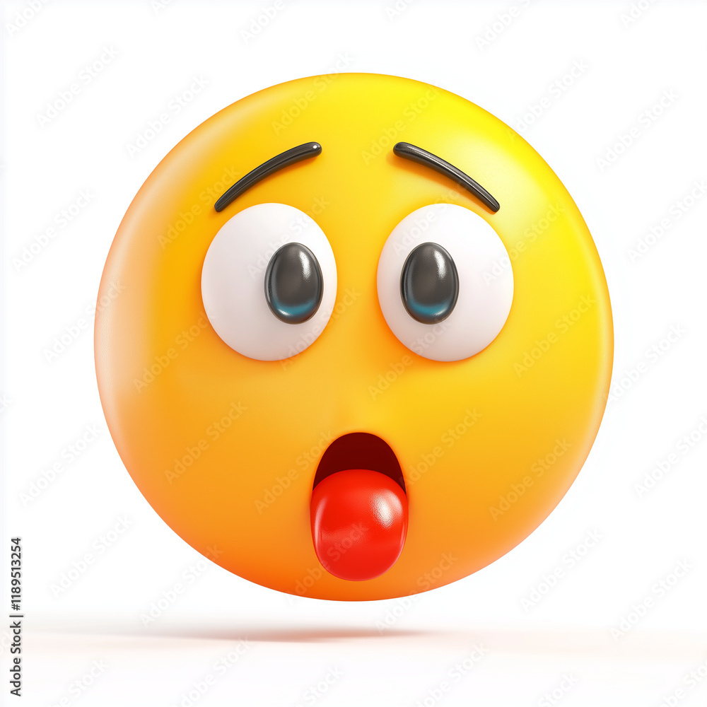 Fototapeta premium Yellow emoji with raised brows, bulging eyes, and tongue sticking out, expressing silliness, humor, and exaggeration in a whimsical cartoon design