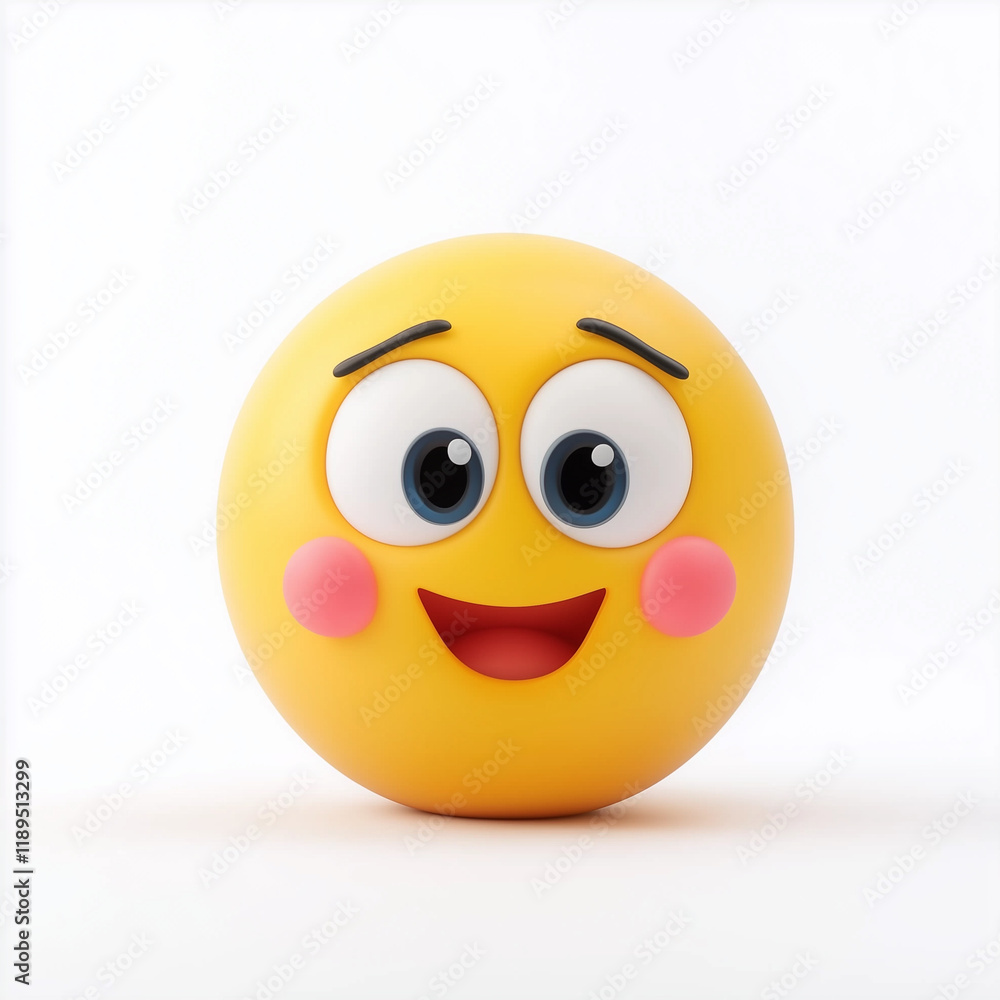 Fototapeta premium Happy yellow emoji with big eyes, rosy cheeks, and a cheerful smile, expressing joy and positivity in a playful cartoon design
