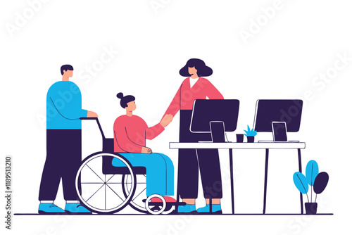 Employee sitting in wheelchair and working in office Disabled person employment concept design