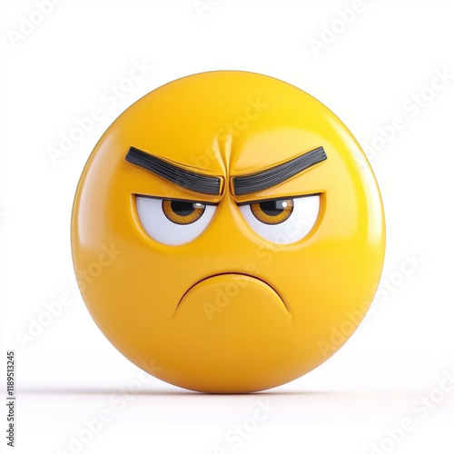 Yellow emoji with dark furrowed eyebrows and frowning mouth, depicting anger and discontent, isolated on white background