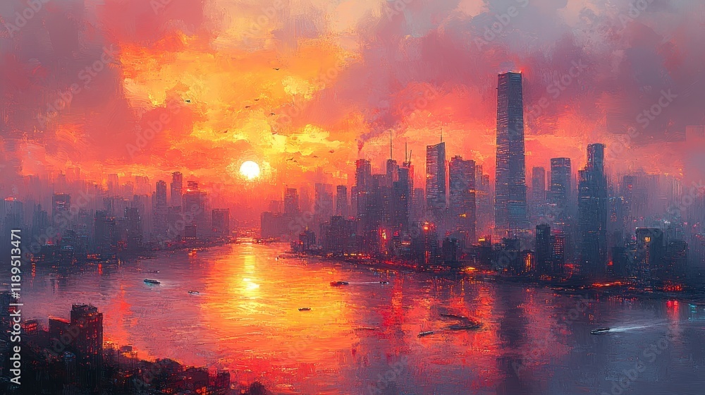Fototapeta premium A vibrant sunset over a city skyline reflecting on the water.