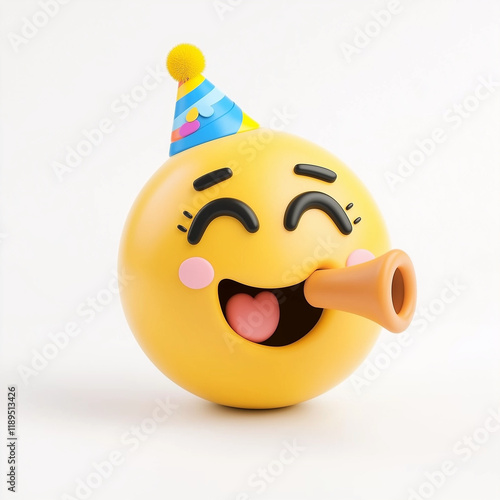 Smiling party emoji wearing a festive hat, blowing a horn with tongue out, surrounded by confetti, radiating joy and excitement, isolated on white