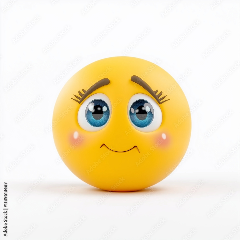 Yellow emoji with sparkling blue eyes, long lashes, and a soft smile, radiating sweetness and charm, isolated on a white background Yellow emoji with sparkling blue eyes, long lashes, and a soft smile, radiating sweetness and charm, isolated on a white background