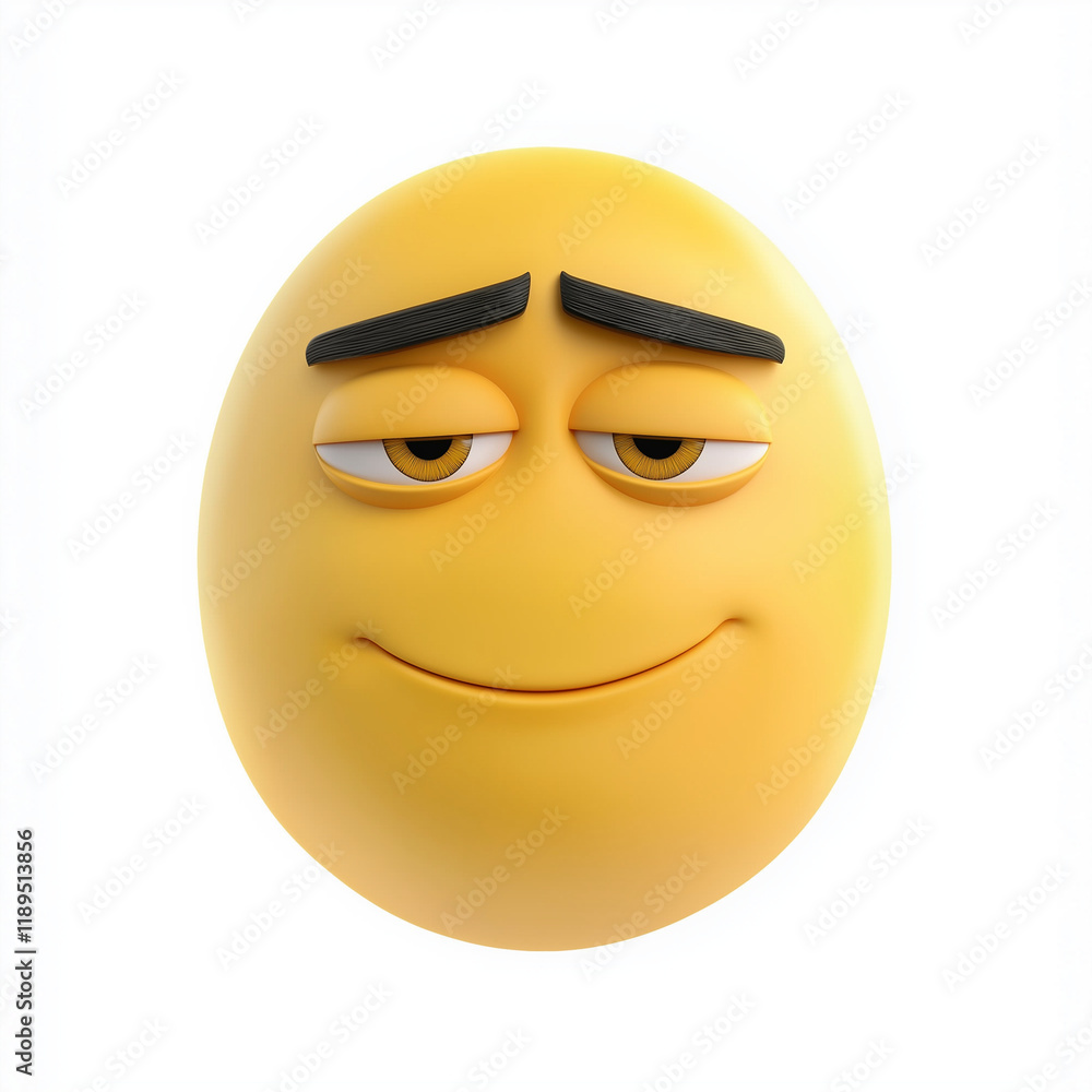Fototapeta premium Yellow emoji with a confident smirk and raised eyebrows, expressing mischief or self-assurance, isolated on a white background