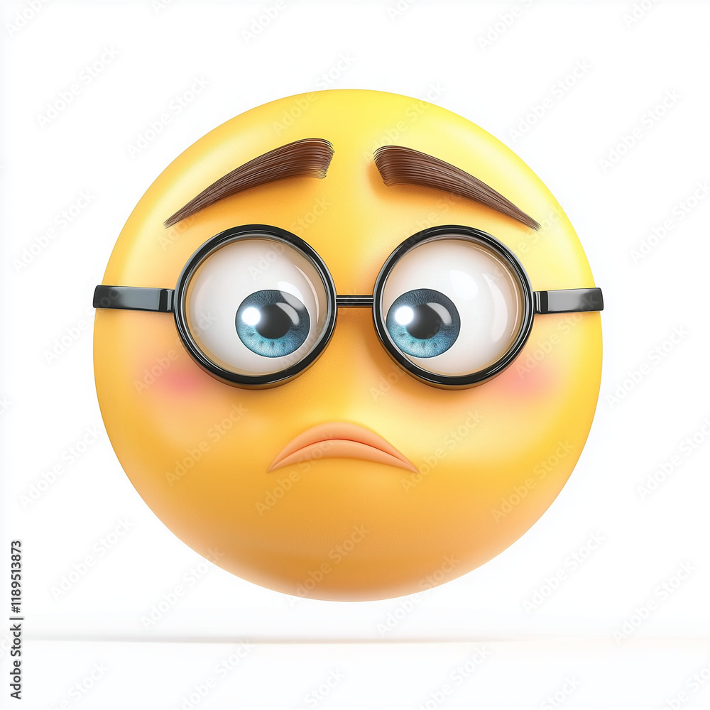 Yellow emoji with glasses, raised eyebrows, and a sad expression, expressing worry and thoughtfulness, isolated on white Yellow emoji with glasses, raised eyebrows, and a sad expression, expressing worry and thoughtfulness, isolated on white