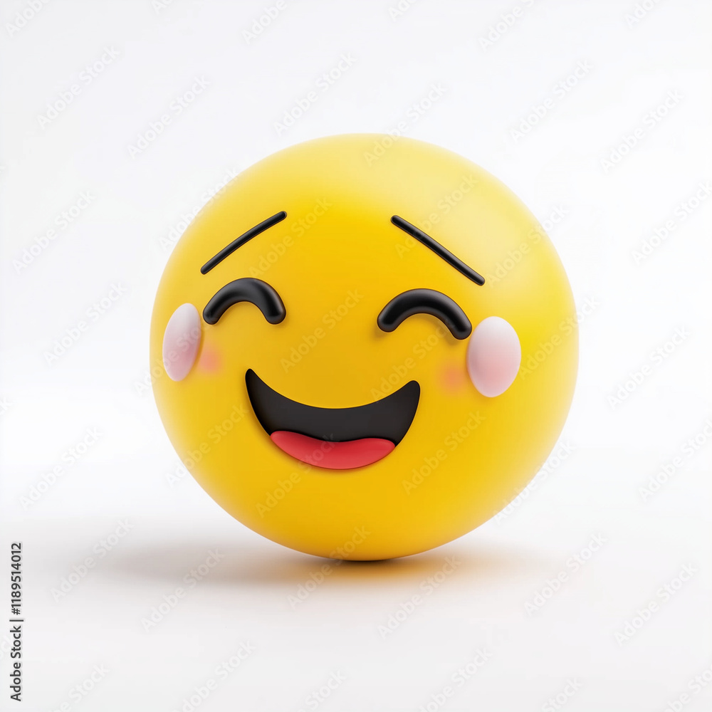 Fototapeta premium Yellow emoji with rosy cheeks, closed eyes, and a wide smile, radiating happiness and warmth, isolated on white