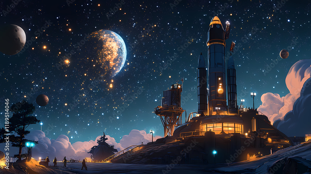 Naklejka premium Rocket starting its space exploration mission, with the starry sky as a backdrop. Starbound. Illustration
