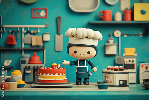 Claymation doll, A whimsical claymation doll wearing a chef's hat is shown decorating a tin, captured in high fidelity. Perfect for food and creativity themes. photo